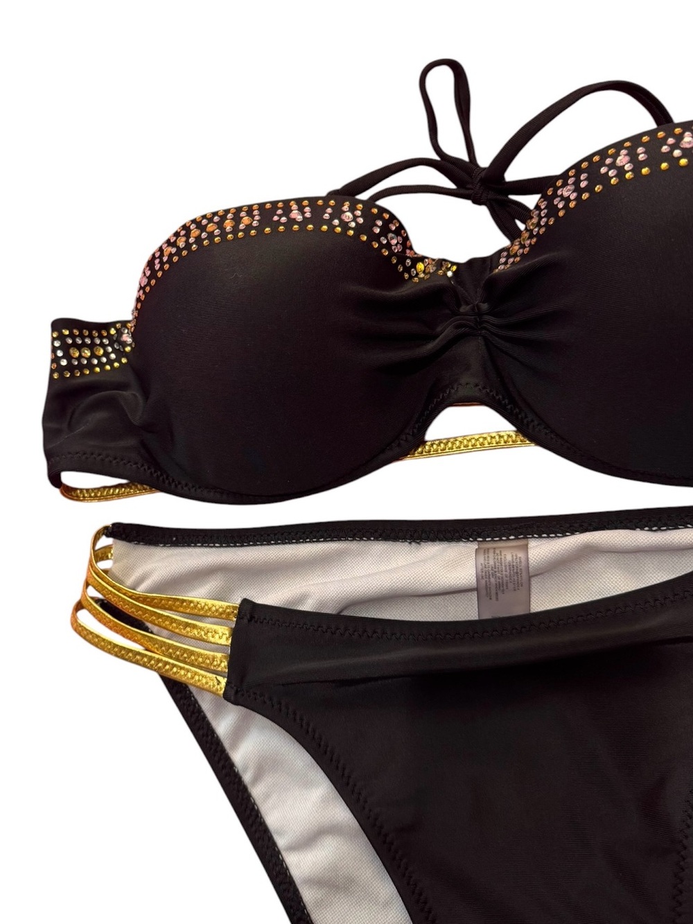 Black Gold Rhinestone Bandeau Bikini Set Strappy Sides Size Large - Picture 4 of 5